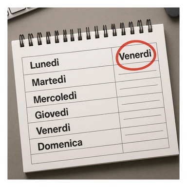 weekly calendar in Italian, days from Monday to Sunday, Friday highlighted with a red circle, top view, realistic style, 4K details, office environment sticker