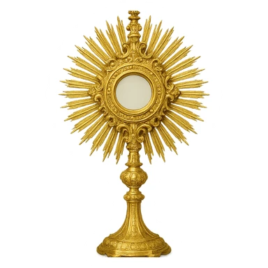a monstrance with a cross on top, intricate gold details, rays, religious object sticker