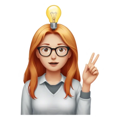 intelligent and clever, 30 year old, girl, long red and almost blond hair, glasses, has an brillant idea, one light bulb next (not over) her head in the air, casual cloth  sticker