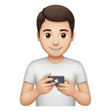 make a white guy with dark brown hair repairing an iphone happy, with a simple white o grey shirt sticker