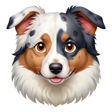 Cinematic Cute Calico Australian Shepherd Portrait Emoji, Head tilted playfully and inquisitively, predominantly white coat with patches of black, tan, and red calico merle markings, round, sparkling blue eyes filled with curiosity, Simplified yet irresistibly adorable features, highly detailed, glowing with a warm, friendly glow, high shine, affectionate and lively, stylized with a touch of whimsy, bright and endearing, soft glowing outline, capturing the essence of a mischievous yet loving pup, so playful it feels like it could bound out of the screen and into your arms! sticker
