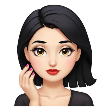 sassy smirk face looking down with makeup, black hair, one hand in hair, highly emoji-like sticker