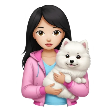 A black long hair asian pretty girl with a bright skintone using a baby pink juicy couture jacket with white tanktop holding a samoyed dog sticker