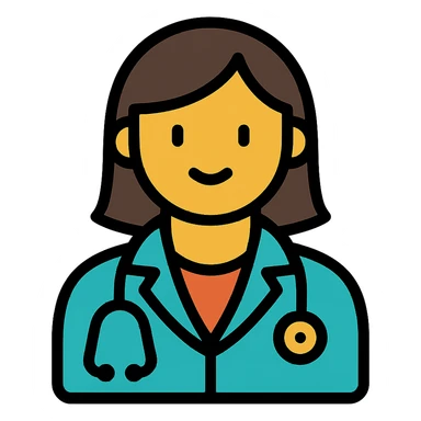 female doctor, modern medical attire, stethoscope, friendly expression, color outline icon style sticker