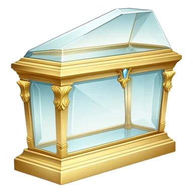 A delicate glass coffin with golden trim, resting on an ornate pedestal. Soft light reflects off the glass, adding an ethereal, fairy-tale glow sticker