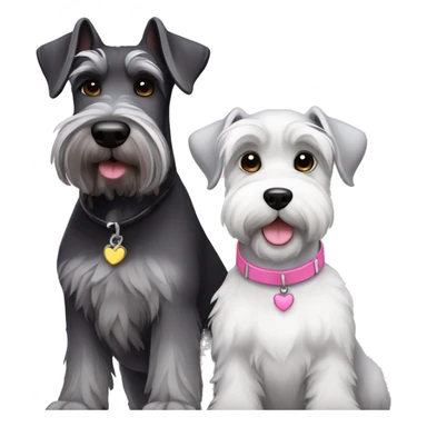 A big gray schnauzer with dark eyes wearing a black collar next to a small all white puppy schnauzer wearing a pink collar  sticker