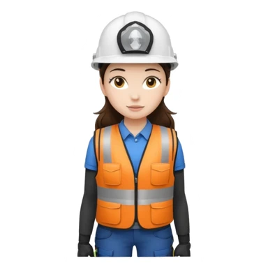 Brunette brown Girl full body standing with her white security helmet and security vest that fits her large on, also with her black backpack. Full body sticker