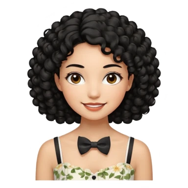 A young woman. She has voluminous, curly black hair that frames her face beautifully. Her skin tone is warm and glowing, and she has a subtle, natural makeup look. She’s smiling softly at the camera. She is wearing a white floral top with thin straps and a small bow tie detail in the front. sticker