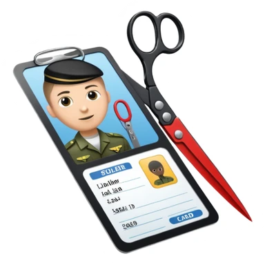 Floating black Scissors cutting an idf soldier ID card in 2 parts .hyper realistic sticker