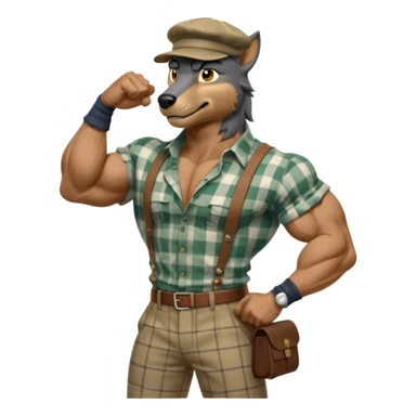 extremely super-duper hyper muscular wolf furry extremely exaggerated muscles with chiseled face, horse-length bullneck and an elongated snout, wearing a plaid dress shirt halfway buttoned, khaki dress slacks and very large newsboy cap on his head while flexing his bicep muscles sticker