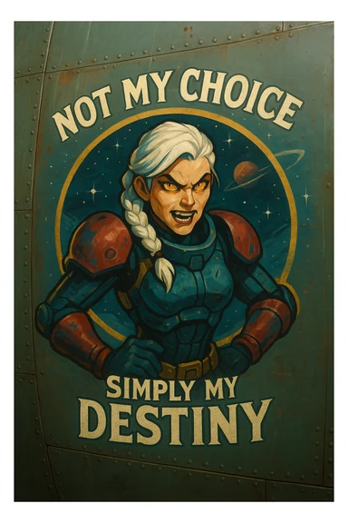 a retro military pinup fuselage decoration for the motto " not my choice, simply my destiny "
; female figure, white hair 1 braid, gold yellow eyes, spacer, fierce, exo-rogue, menacing yet taunting sticker
