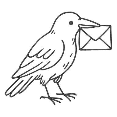 hand drawn outlined icon of a raven with a letter sticker