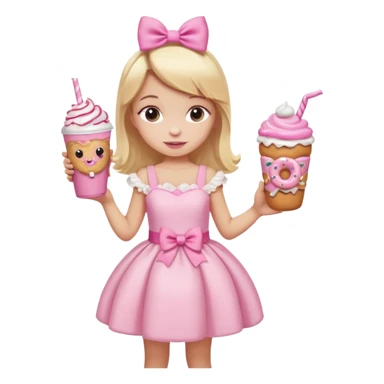 A little girl with a Dunkin' milkshake and a donut with pink frosting and marshmallows, wearing a pink coquette-style dress with bows and blonde hair. sticker