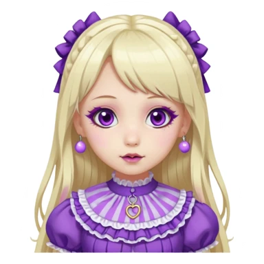 Ai pale girl , who has straight long length blonde and purple swirled hair , hazel eyes , and doll like makeup , with a septum piercing, nostril piercing, in a purple lolita hime gyaru dress emoji sticker