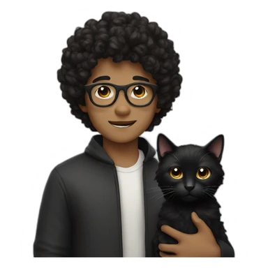 a boy with dark curly hair and white glasses with a black cat sticker
