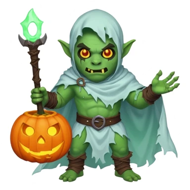 male orc warrior ghost emoji, green skin, wearing torn white ghost sheet costume, holding glowing jack-o'-lantern, faint blue aura, friendly but spooky expression, Halloween fantasy theme, Apple emoji style, clean white background, square sticker
