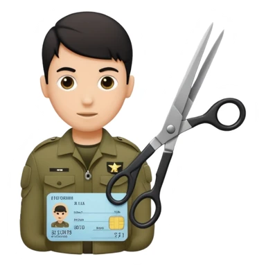 Floating black Scissors cutting in half an idf soldier ID card with a little chip in 2 parts .hyper realistic sticker