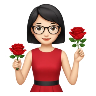 female asian chemistry teacher wearing glasses holdin a flask pointing right with straight short hair to her shoulders wearing a red dress with roses on it and black hair and make the glasses more retangle and make her hold a flash with one hand and with the other point right and make her smile sticker