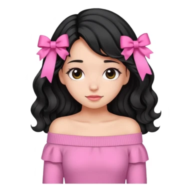 Girl with black wavy not so long hair and a ribbon hair clip beside it make it look like wearing a pink off shoulder sweater sticker