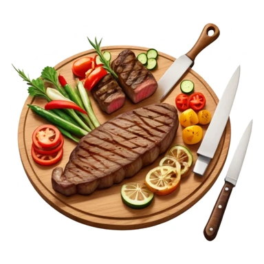 icon featuring a chef’s hat, a cutting board with fresh ingredients, a knife, a beautifully cooked ribeye steak, shashlik skewers, and a plate of food in the making. The design captures the passion of cooking with warm, inviting colors, and realistic textures. Transparent background. sticker