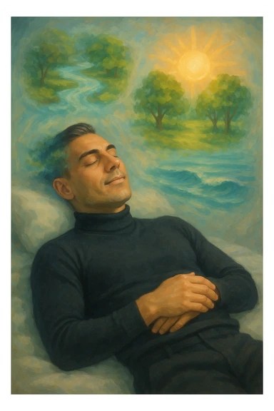 Un uomo sdraiato su un letto o una superficie fluttuante, con un'espressione serena e gli occhi chiusi. Attorno a lui, proiettate dalla sua mente, si materializzano immagini vivide di benessere e armonia: sticker