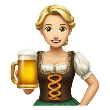 German Woman wearing a dirndl and holding a beer and a pretzel sticker