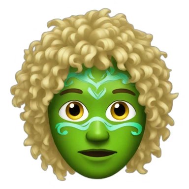 A man wearing a green tribal mask with medium length blonde curly hair sticker