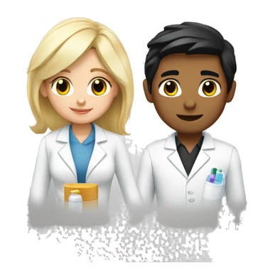 blonde female pharmacist and white male chemist with black hair in love sticker