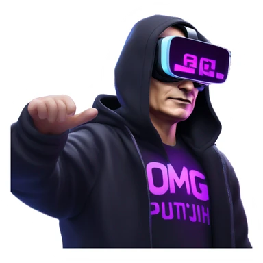Vladimir Putin wearing a black hoodie with "OMG" letters on it and VR headset oculus quest 2 in a cyberpunk VR environment with violet neon lighting. sticker