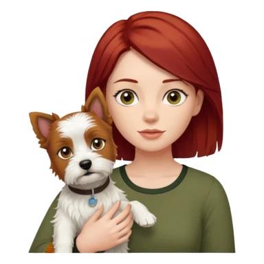 Westhighland white terrier dog being held by woman with dark shoulder length red hair and hazel eye wearing olive green top sticker