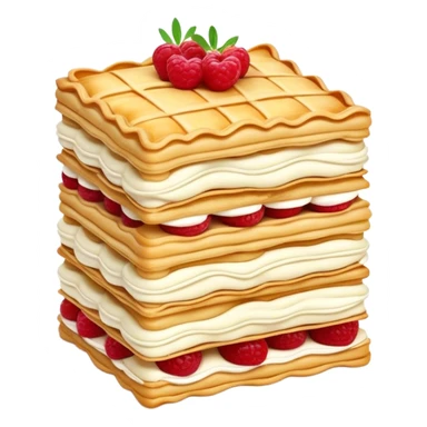 Mille-feuille Cinematic Realistic Mille-Feuille Dessert Emoji, depicted as a delicate pastry composed of two crisp layers of puff pastry with a rich cream filling, rendered with intricate textures and elegant, soft lighting. sticker