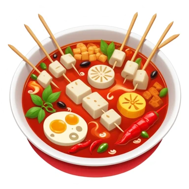 Spicy Hot Pot Skewers Malatang with various ingredients in red broth, simplified emoji style with bold outlines and bright colors, cartoon style Chinese street food bowl sticker