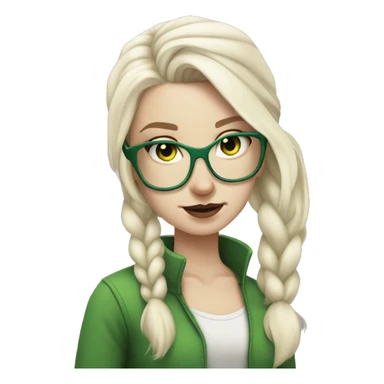 Pale white girl, platinum blonde hair in a pony tail, evil, green glasses sticker