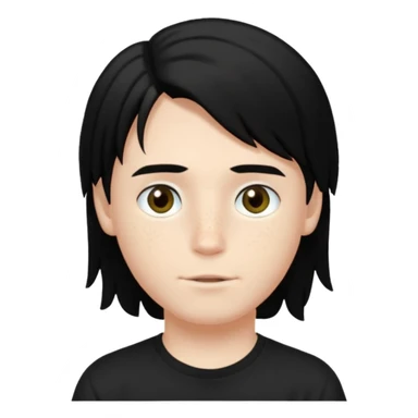 A beautiful boy with black hair and hazel green and brown eyes and white skin , with dark freckles and black t shirt with HAIRCUT: middle part hair hair with a center part haircut long  sticker
