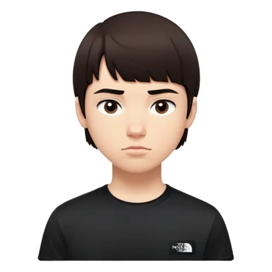 escrição para o emoji:

Rosto de um jovem com pele clara e cabelo castanho escuro, curto e bem penteado, com franja leve e lados limpos.

Expressão facial neutra/séria, com olhos ligeiramente abertos e lábios fechados, sem sorrir.

Sobrancelhas grossas e retas, bem definidas.

Está usando uma camiseta preta da The North Face, com o logotipo visível (pode simplificar ou omitir no emoji).

O emoji deve ser no estilo cartoon, com o rosto em destaque e sem fundo.

A pose é frontal, olhando direto para a "câmera", ideal para um emoji com expressão mais calma ou neutra. sticker