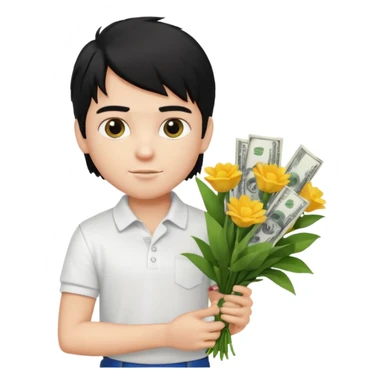 generate a pretty fair bratz boy with a messy mullet (black hair), wearing a white polo.  carrying a bouquet made of money sticker