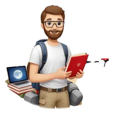 smiling young man with glasses, beard, white t-shirt, holding a red book, surrounded by hobby icons: mountain bike, laptop with code, hiking boot, climbing wall, bed with moon-and-stars, tree sticker