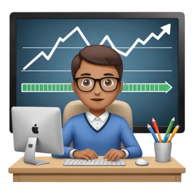 A person sitting at a desk working on a computer with upward arrows and percentage signs, suggesting digital sales, marketing, or outreach. sticker