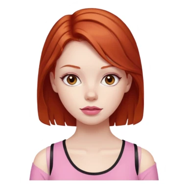 Redhead girl with deep brown eyes, pale skin with light red lips wearing a pink strap shirt sticker