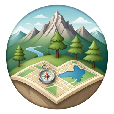 An icon featuring a local map, a compass, and regional landmarks, symbolizing local studies. The design includes a tree, mountains, and buildings, representing the unique geography and culture of a specific area. Transparent background highlights the exploration of local history and environment. sticker