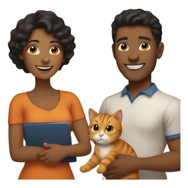 a happy light-brown woman with black hair and a happy brown man with brown hair are friends and holding an orange cat sticker