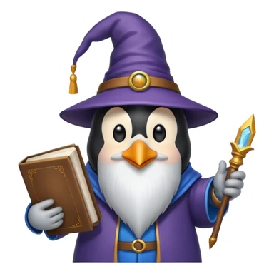 penguin wizard with a long beard holding a book sticker