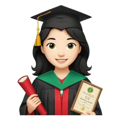College Graduate asian black hair with wavy hair long  with black red stash with green benilde on the middle sticker