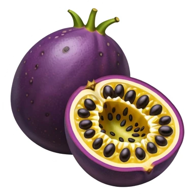 whole round purple passion fruit with slightly wrinkled matte skin next to halved piece showing vibrant yellow pulp with glossy black seeds juicy jelly-like texture bold contrast between rind and interior no leaf spoon or extras soft lighting subtle shadows emoji scale sticker