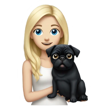 Girl with blonde hair and blue eyes holding a black pug sticker