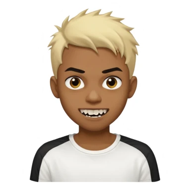 Black Male Teenager with Short punk messy blonde hair, Dark brown bushy eyebrows large expressive golden-brown eyes, wearing a plain white t-shirt, Dark Brown skin color. vampire tooth sticker