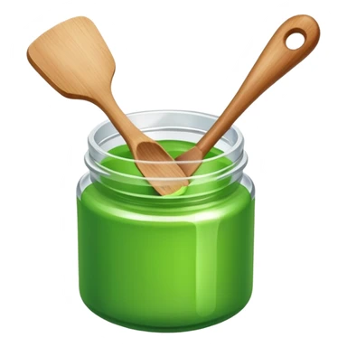 A small open plastic jar of vibrant green wax, wooden spatula inside sticker