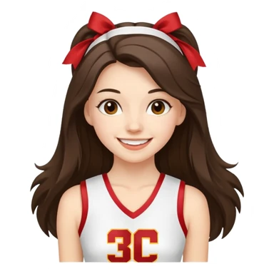 skinny white happy long haired brunette girl in a white USC cheerleader costume sticker