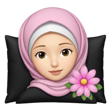 The image is a close-up selfie of a young woman wearing a white hijab. She is lying on her back with her head resting on a black pillow. She has a pink flower in her hair and is looking directly at the camera with a slight smile on her face sticker