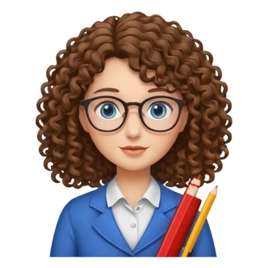 teacher blue eyes glasses curly brown hair long kind sticker
